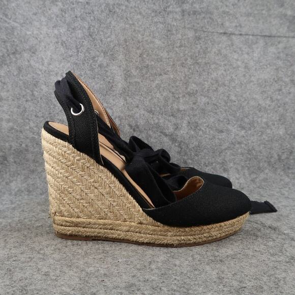Express Shoes Womens 6 Wedge Sandals Espadrille Platform Black Ankle Wrap Tie - Picture 1 of 12